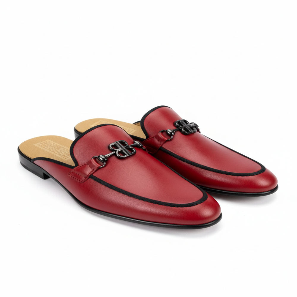 Stylish Red Leather Slip On Mule Shoe with Black Trim and Decorative Buckle